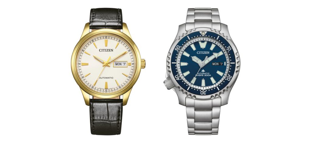 Zwei Citizen Armbanduhren: goldfarbene Automatikuhr mit cremeweißem Zifferblatt und schwarzem Lederband neben einer Promaster Taucheruhr mit blauem Zifferblatt und Edelstahlarmband
